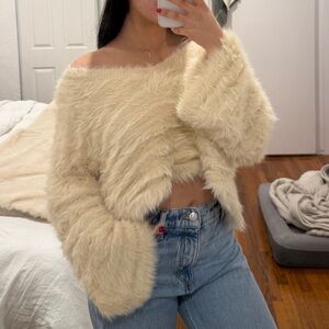 V Neck Fuzzy Cream Sweater